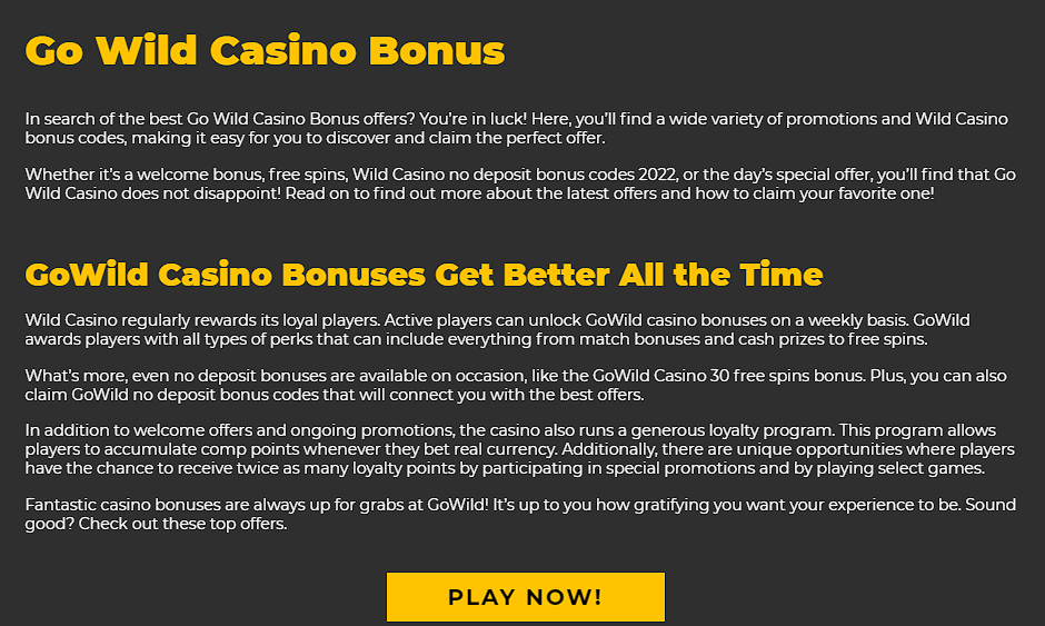GoWild Casino Bonuses and Promotions
